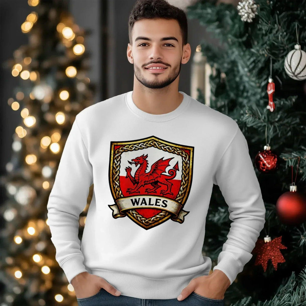 Welsh Dragon Sweatshirt - Shield Crest Heraldic Crew Style - Celtic Wolfwear