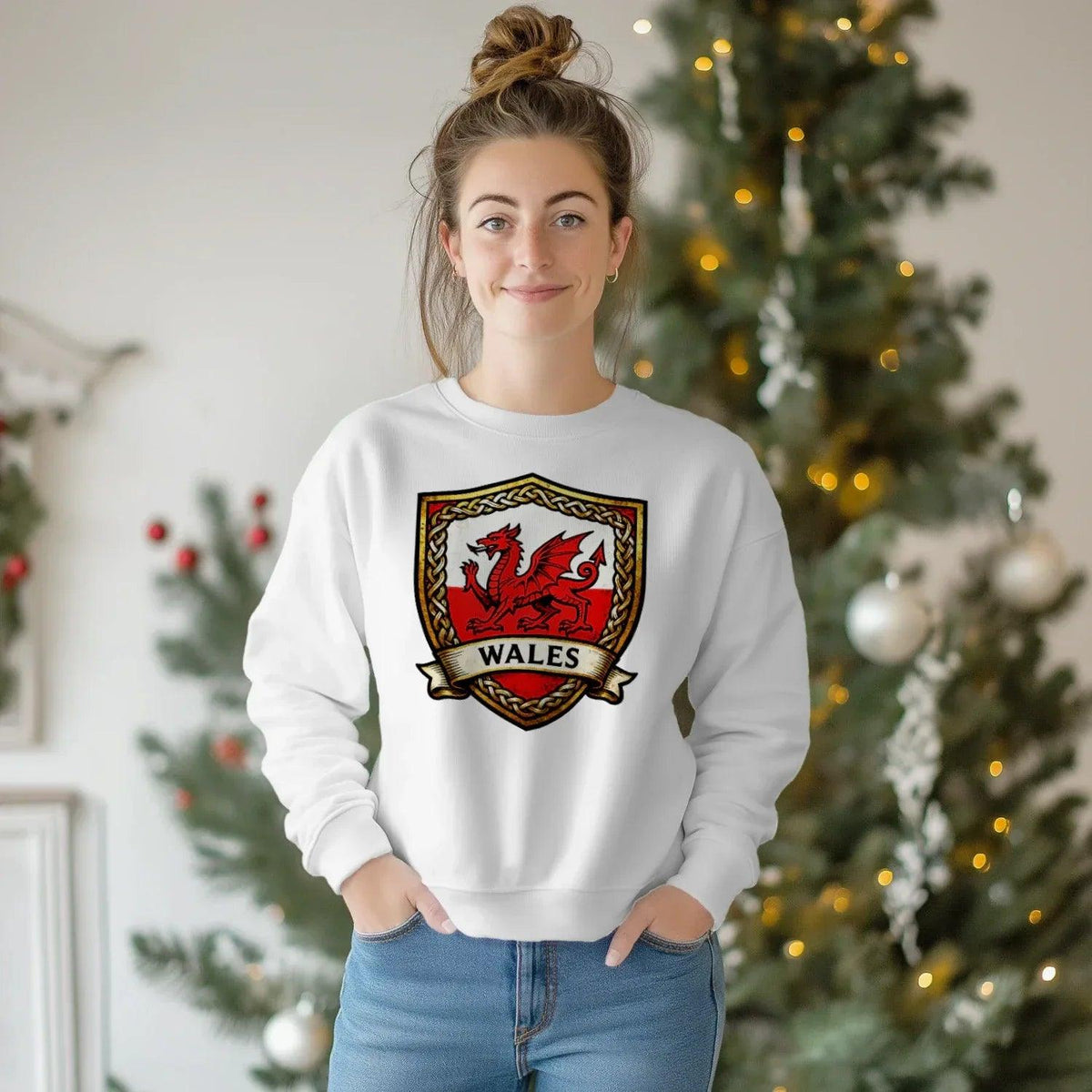 Welsh Dragon Sweatshirt - Shield Crest Heraldic Crew Style - Celtic Wolfwear
