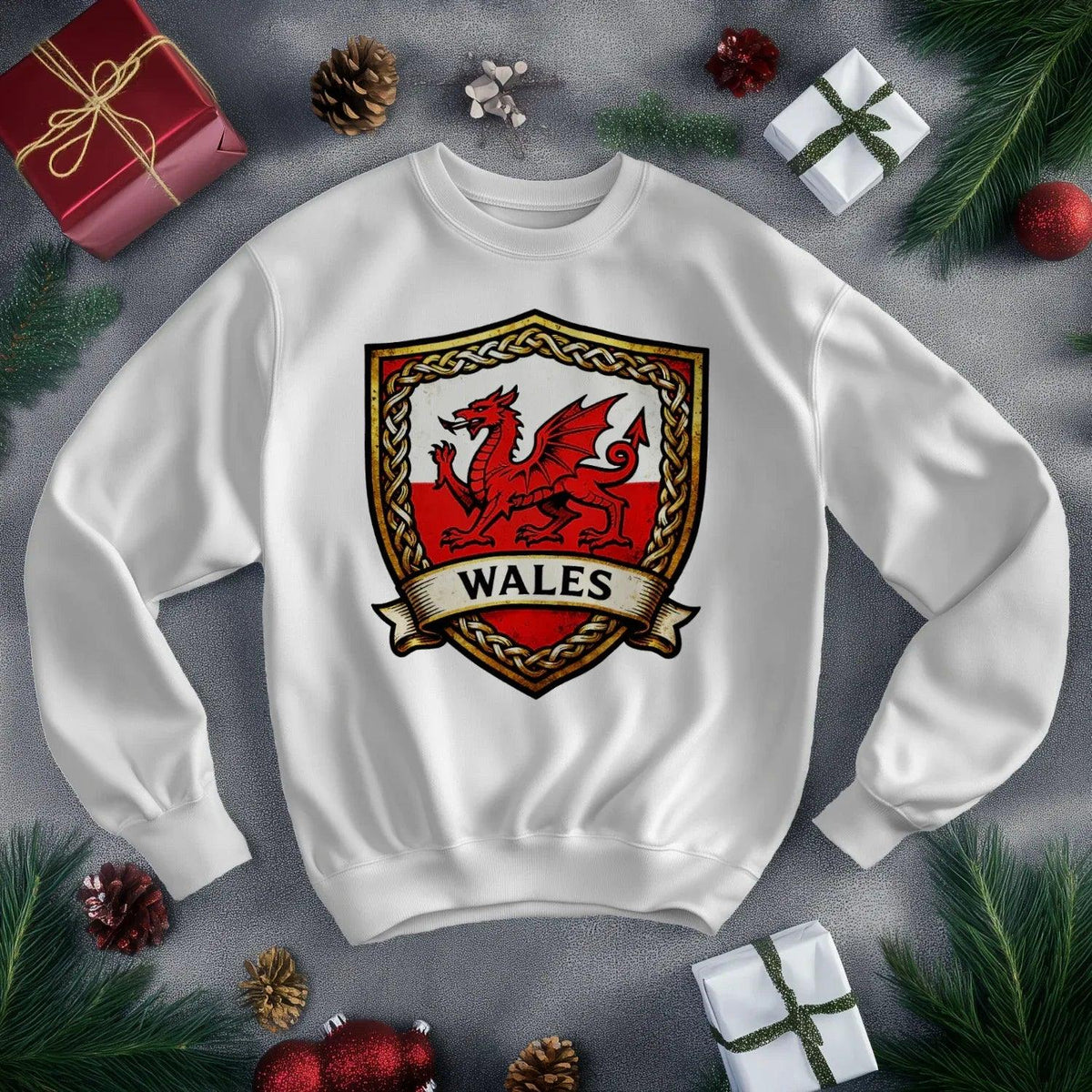 Welsh Dragon Sweatshirt - Shield Crest Heraldic Crew Style - Celtic Wolfwear