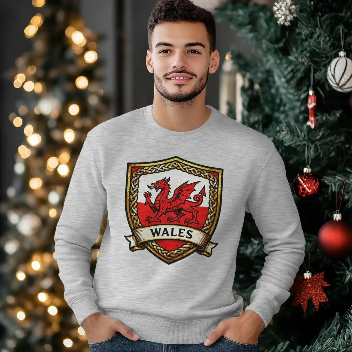 Welsh Dragon Sweatshirt - Shield Crest Heraldic Crew Style - Celtic Wolfwear