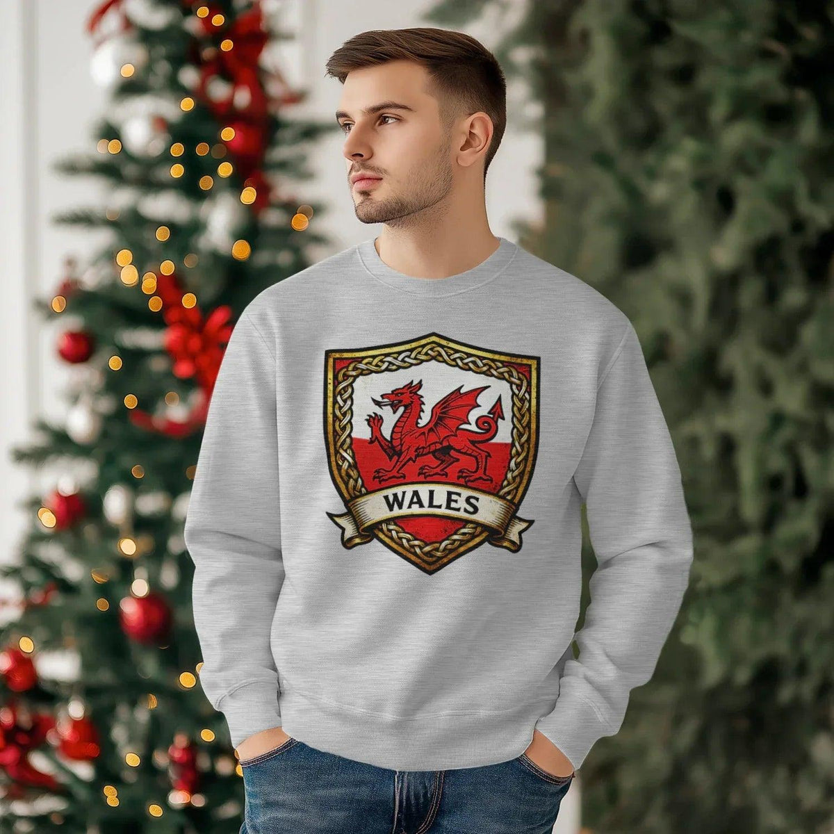 Welsh Dragon Sweatshirt - Shield Crest Heraldic Crew Style - Celtic Wolfwear
