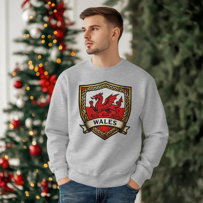 Welsh Dragon Sweatshirt - Shield Crest Heraldic Crew Style - Celtic Wolfwear