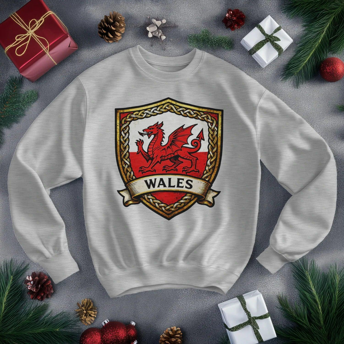 Welsh Dragon Sweatshirt - Shield Crest Heraldic Crew Style - Celtic Wolfwear