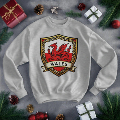 Welsh Dragon Sweatshirt - Shield Crest Heraldic Crew Style - Celtic Wolfwear