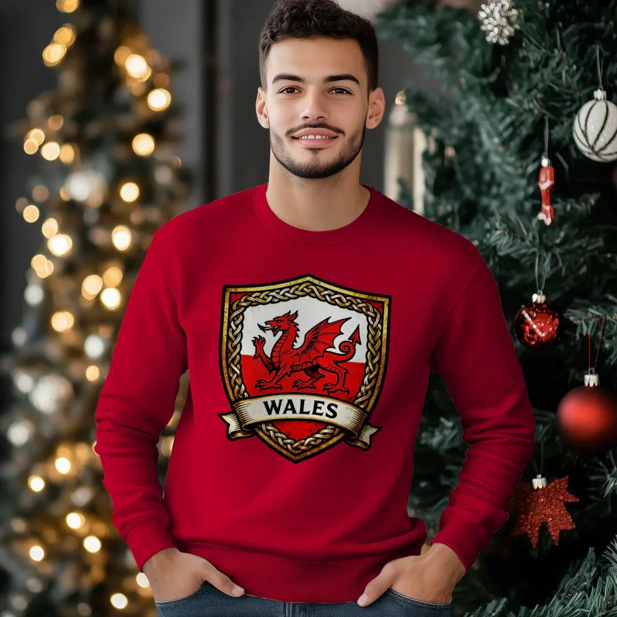 Welsh Dragon Sweatshirt - Shield Crest Heraldic Crew Style - Celtic Wolfwear
