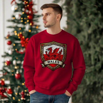 Welsh Dragon Sweatshirt - Shield Crest Heraldic Crew Style - Celtic Wolfwear