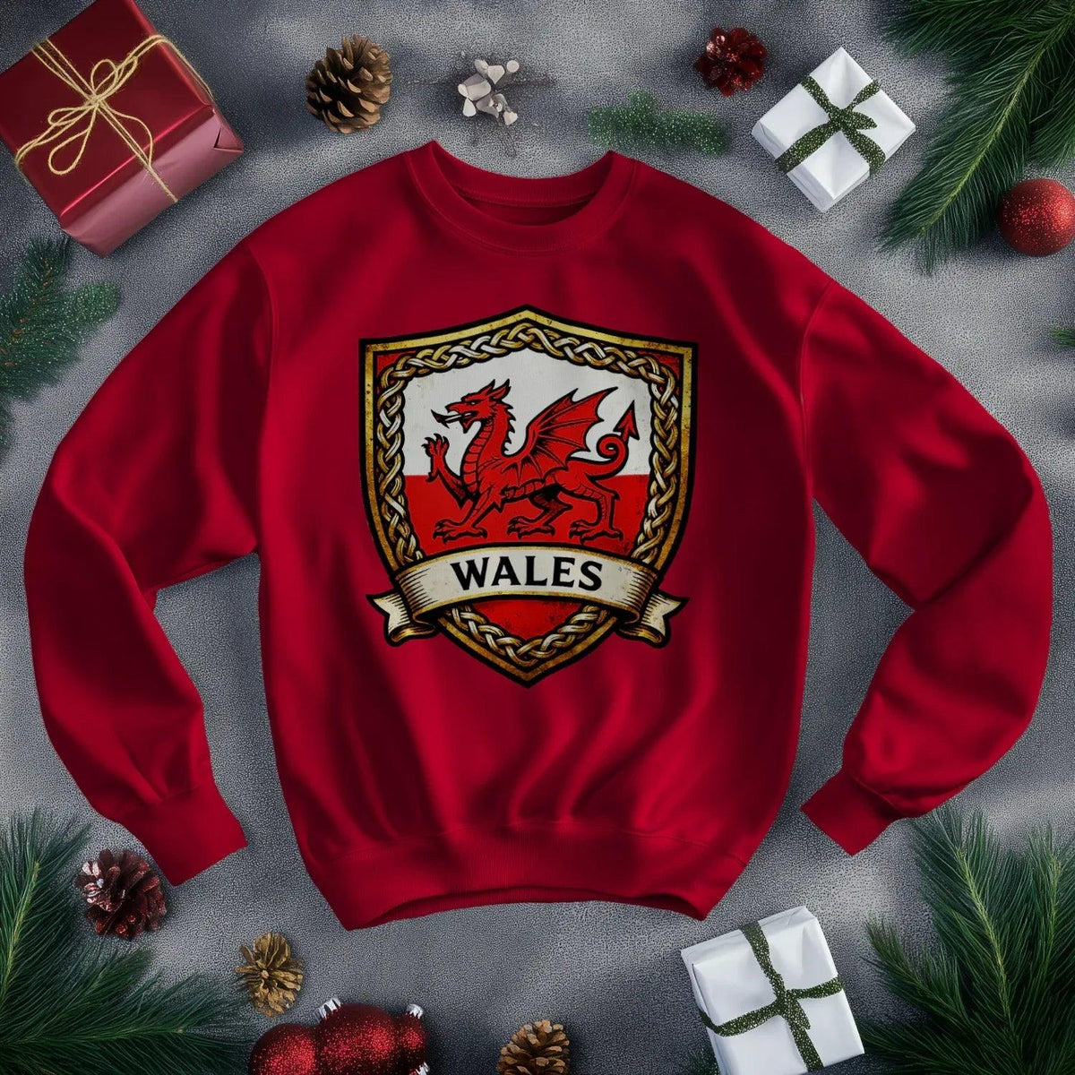 Welsh Dragon Sweatshirt - Shield Crest Heraldic Crew Style - Celtic Wolfwear