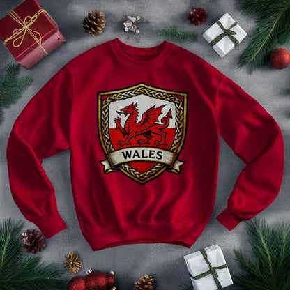 Welsh Dragon Sweatshirt - Shield Crest Heraldic Crew Style - Celtic Wolfwear