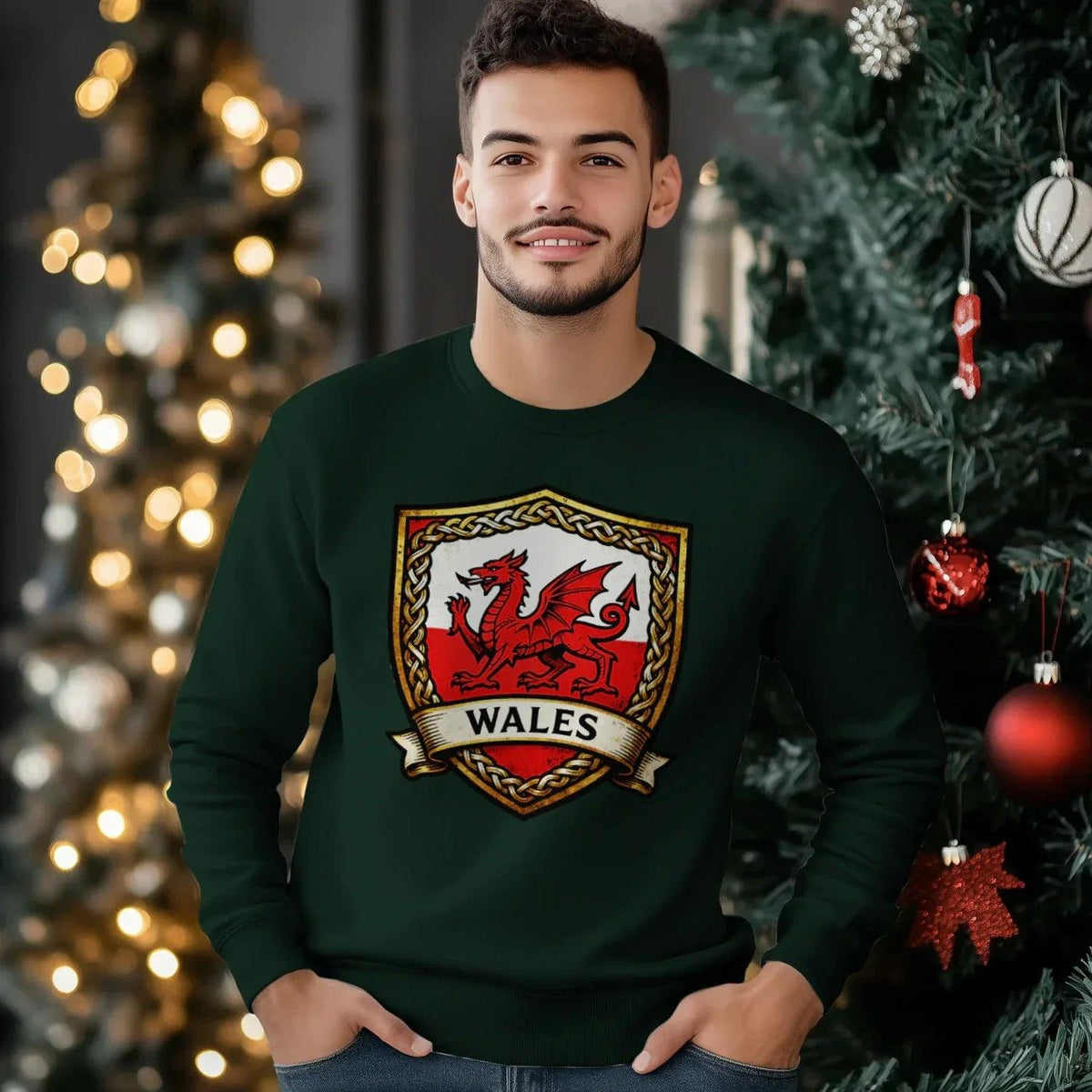 Welsh Dragon Sweatshirt - Shield Crest Heraldic Crew Style - Celtic Wolfwear