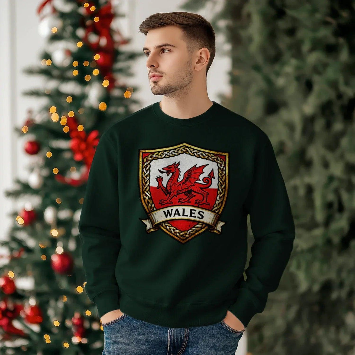 Welsh Dragon Sweatshirt - Shield Crest Heraldic Crew Style - Celtic Wolfwear