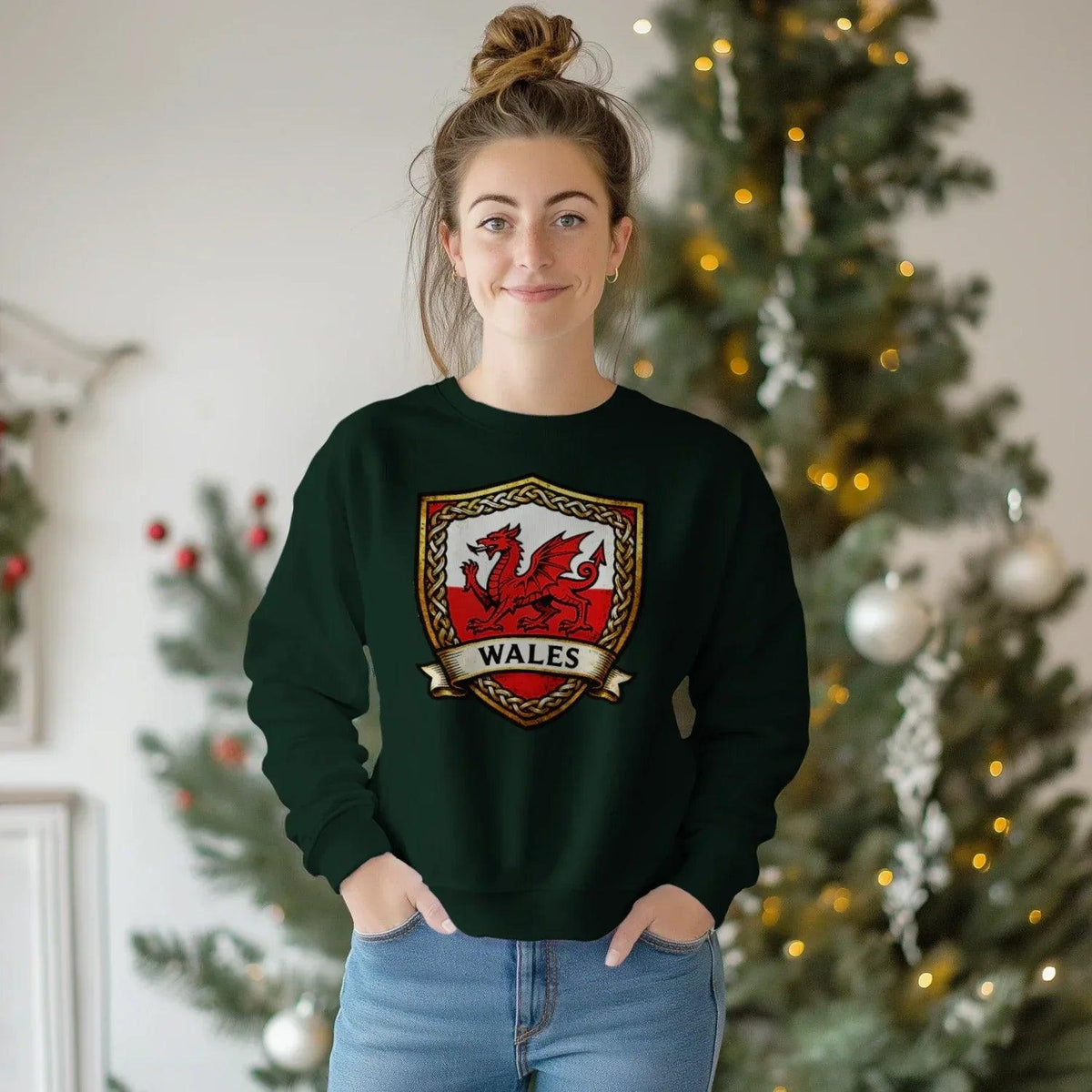 Welsh Dragon Sweatshirt - Shield Crest Heraldic Crew Style - Celtic Wolfwear
