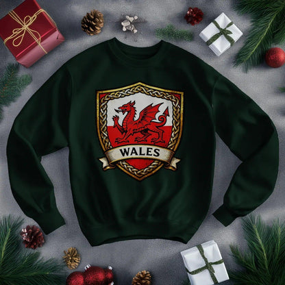 Welsh Dragon Sweatshirt - Shield Crest Heraldic Crew Style - Celtic Wolfwear