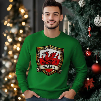 Welsh Dragon Sweatshirt - Shield Crest Heraldic Crew Style - Celtic Wolfwear