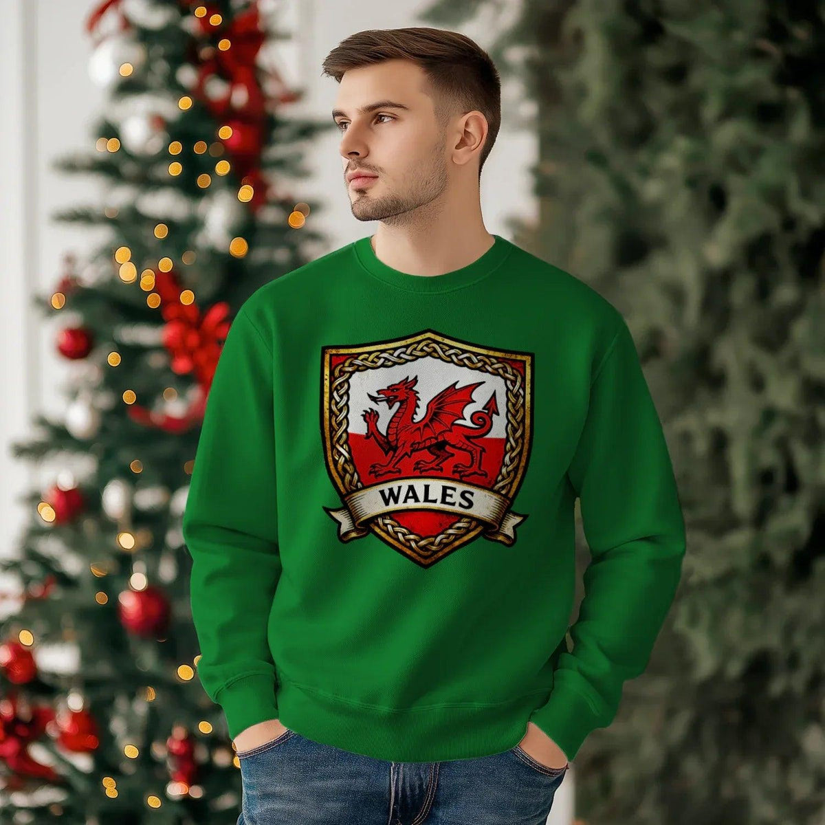 Welsh Dragon Sweatshirt - Shield Crest Heraldic Crew Style - Celtic Wolfwear