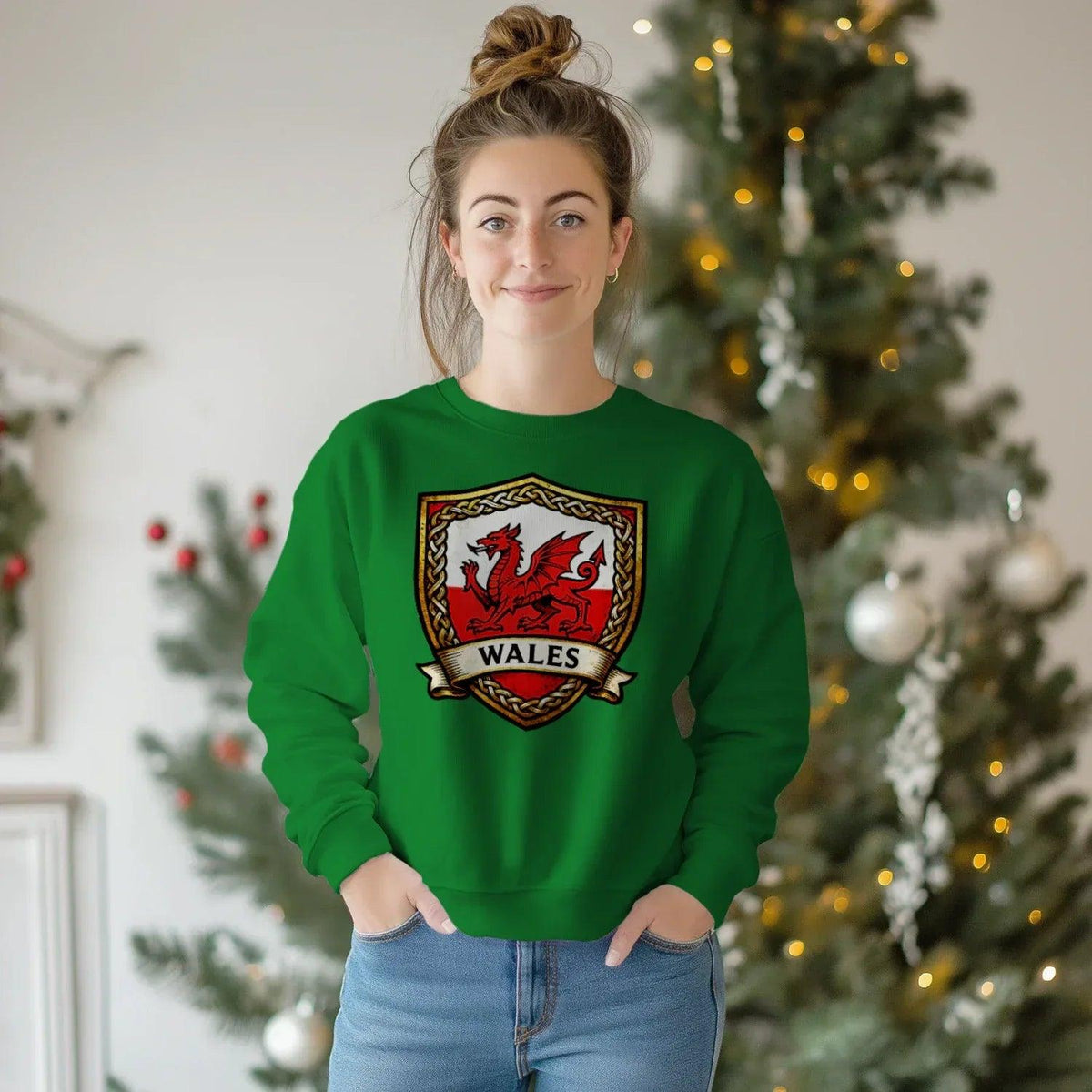 Welsh Dragon Sweatshirt - Shield Crest Heraldic Crew Style - Celtic Wolfwear