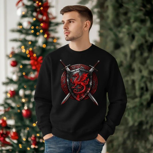 Welsh Dragon Sweatshirt - Warrior Shield Crew-neck Unisex - Celtic Wolfwear