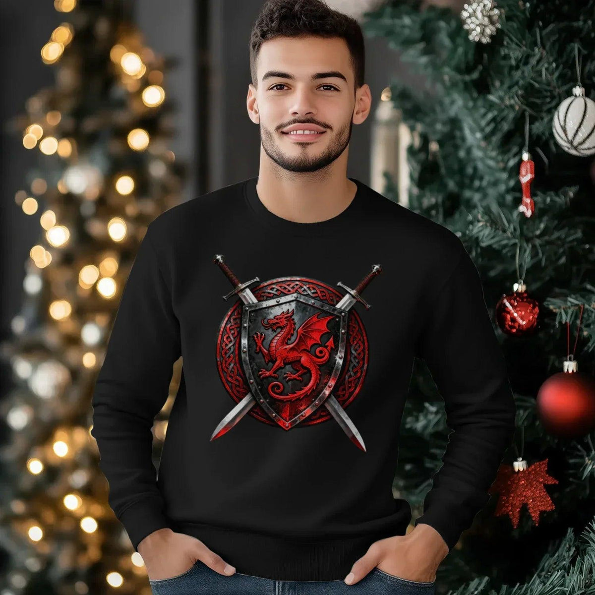 Welsh Dragon Sweatshirt - Warrior Shield Crew-neck Unisex - Celtic Wolfwear