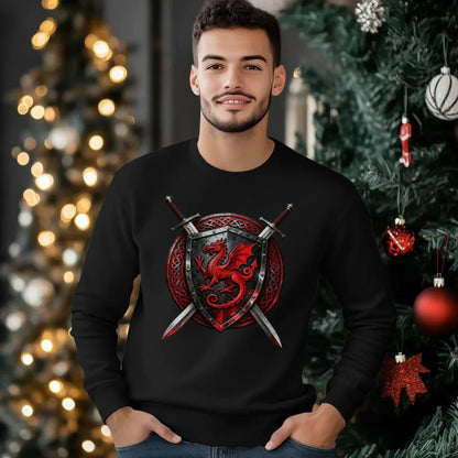 Welsh Dragon Sweatshirt - Warrior Shield Crew-neck Unisex - Celtic Wolfwear