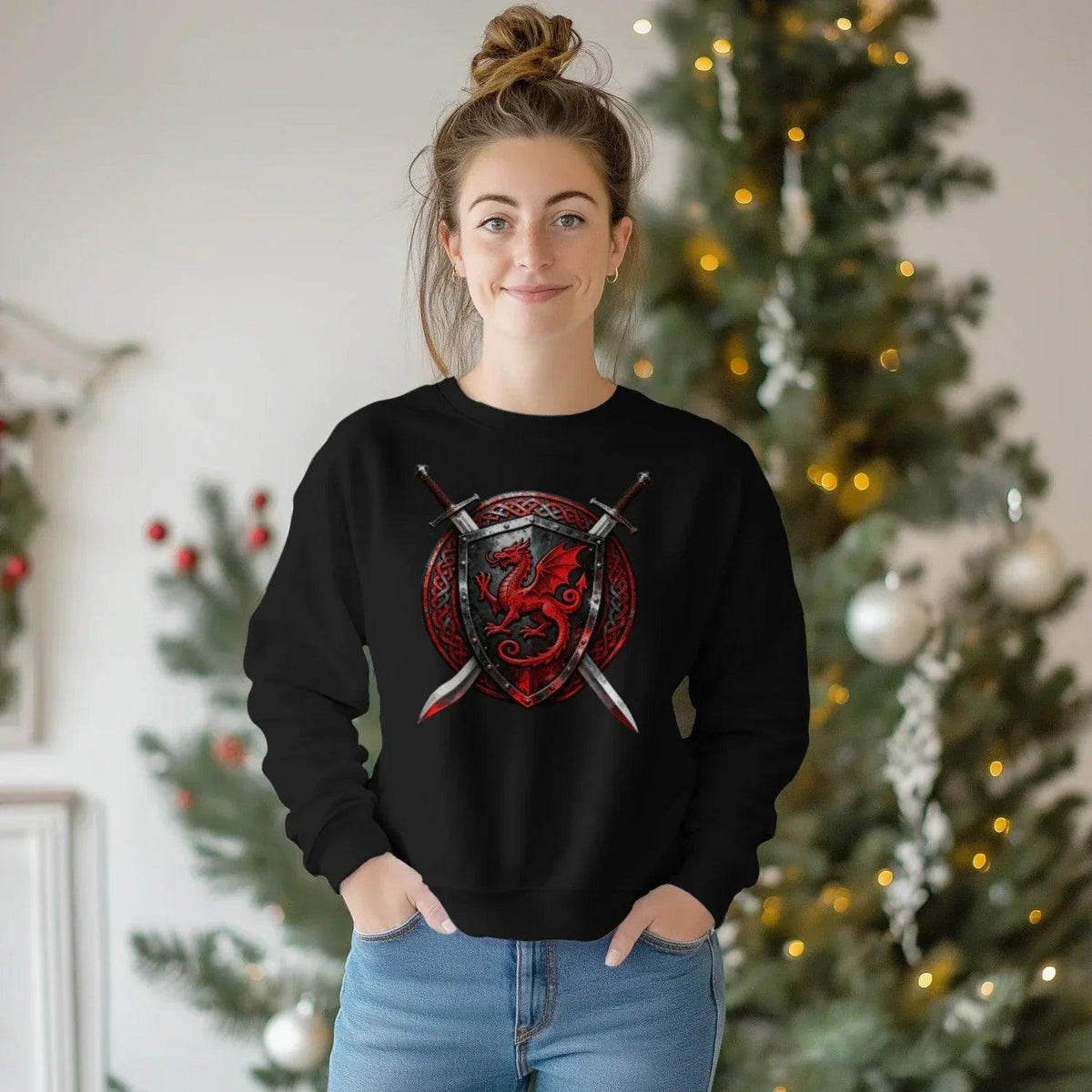 Welsh Dragon Sweatshirt - Warrior Shield Crew-neck Unisex - Celtic Wolfwear