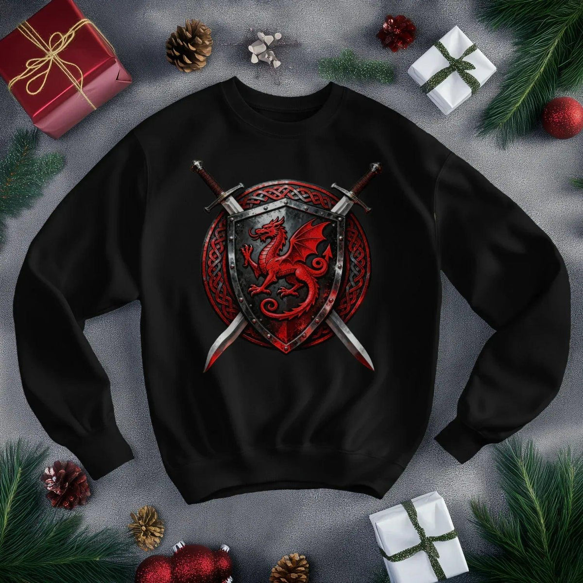 Welsh Dragon Sweatshirt - Warrior Shield Crew-neck Unisex - Celtic Wolfwear