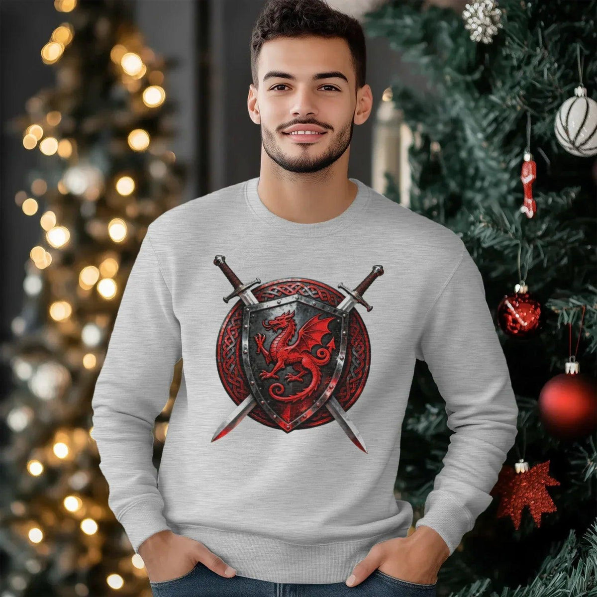 Welsh Dragon Sweatshirt - Warrior Shield Crew-neck Unisex - Celtic Wolfwear