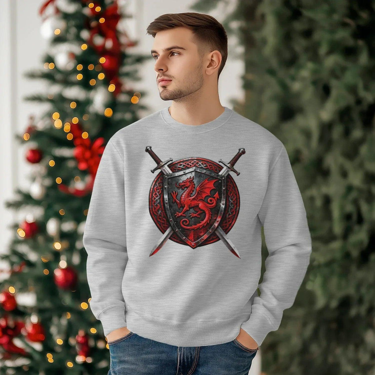 Welsh Dragon Sweatshirt - Warrior Shield Crew-neck Unisex - Celtic Wolfwear