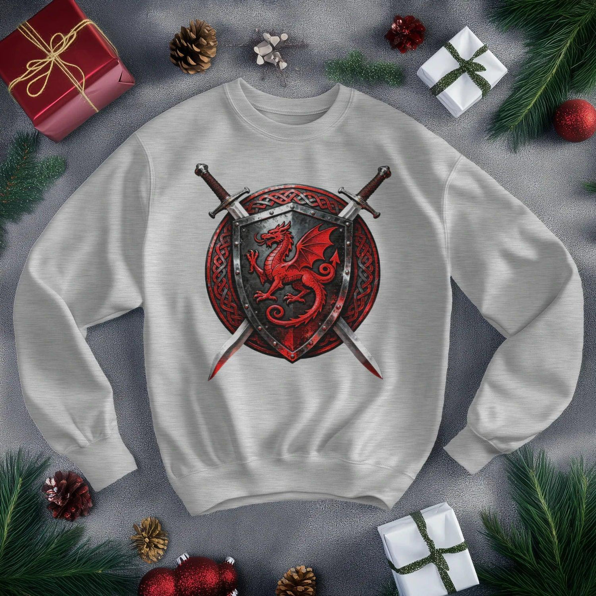 Welsh Dragon Sweatshirt - Warrior Shield Crew-neck Unisex - Celtic Wolfwear