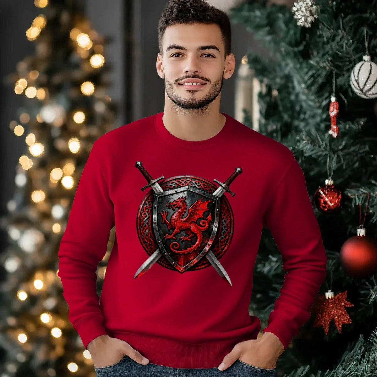 Welsh Dragon Sweatshirt - Warrior Shield Crew-neck Unisex - Celtic Wolfwear