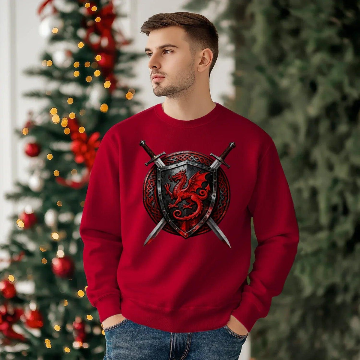Welsh Dragon Sweatshirt - Warrior Shield Crew-neck Unisex - Celtic Wolfwear