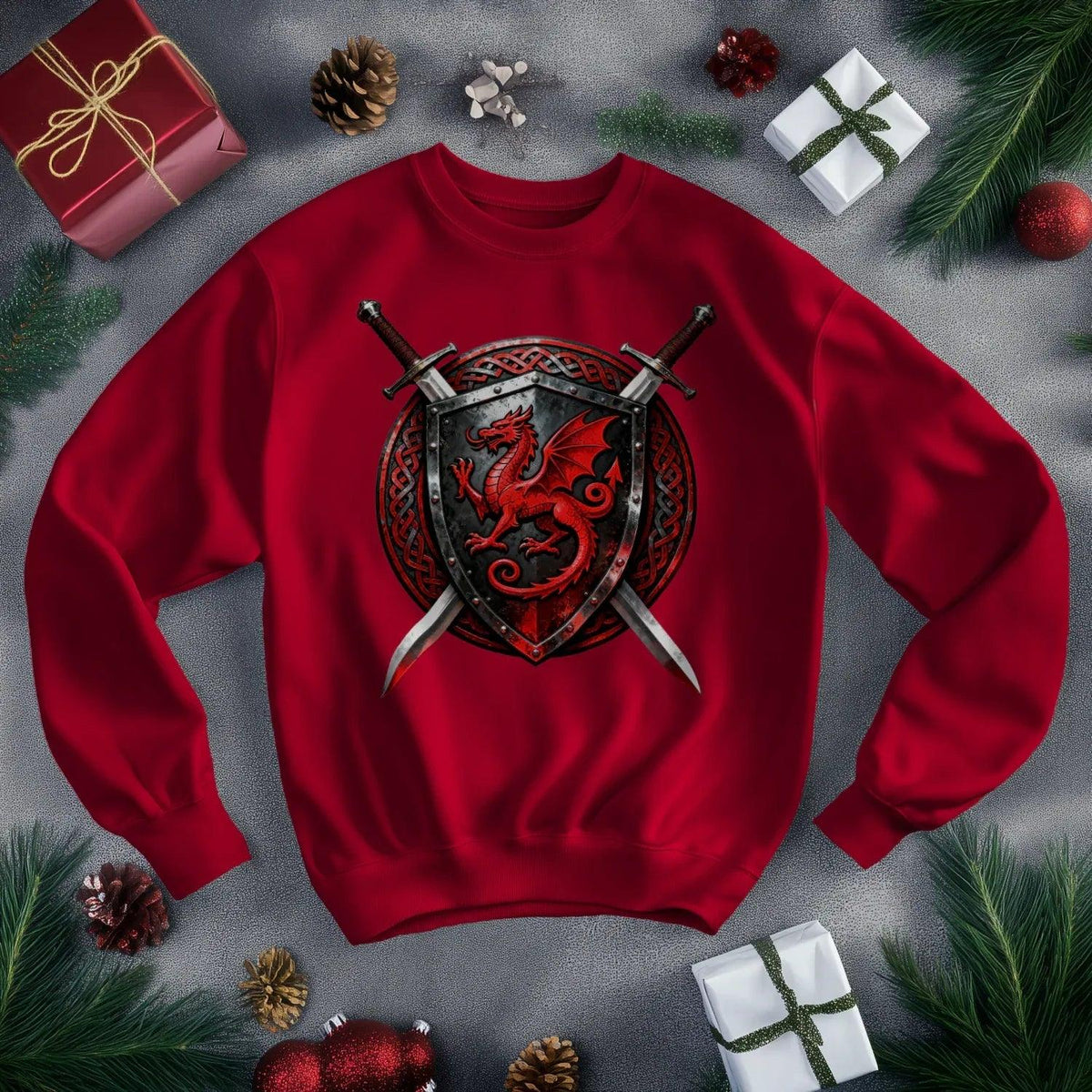 Welsh Dragon Sweatshirt - Warrior Shield Crew-neck Unisex - Celtic Wolfwear
