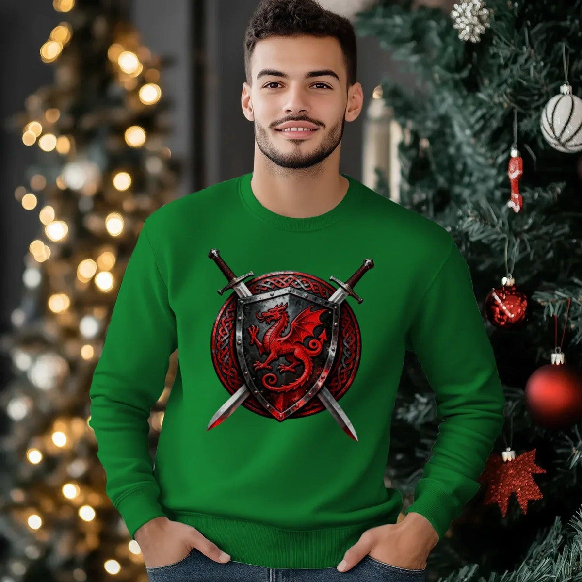 Welsh Dragon Sweatshirt - Warrior Shield Crew-neck Unisex - Celtic Wolfwear