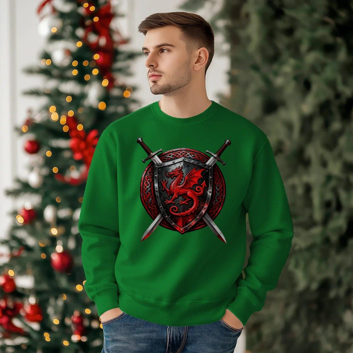 Welsh Dragon Sweatshirt - Warrior Shield Crew-neck Unisex - Celtic Wolfwear