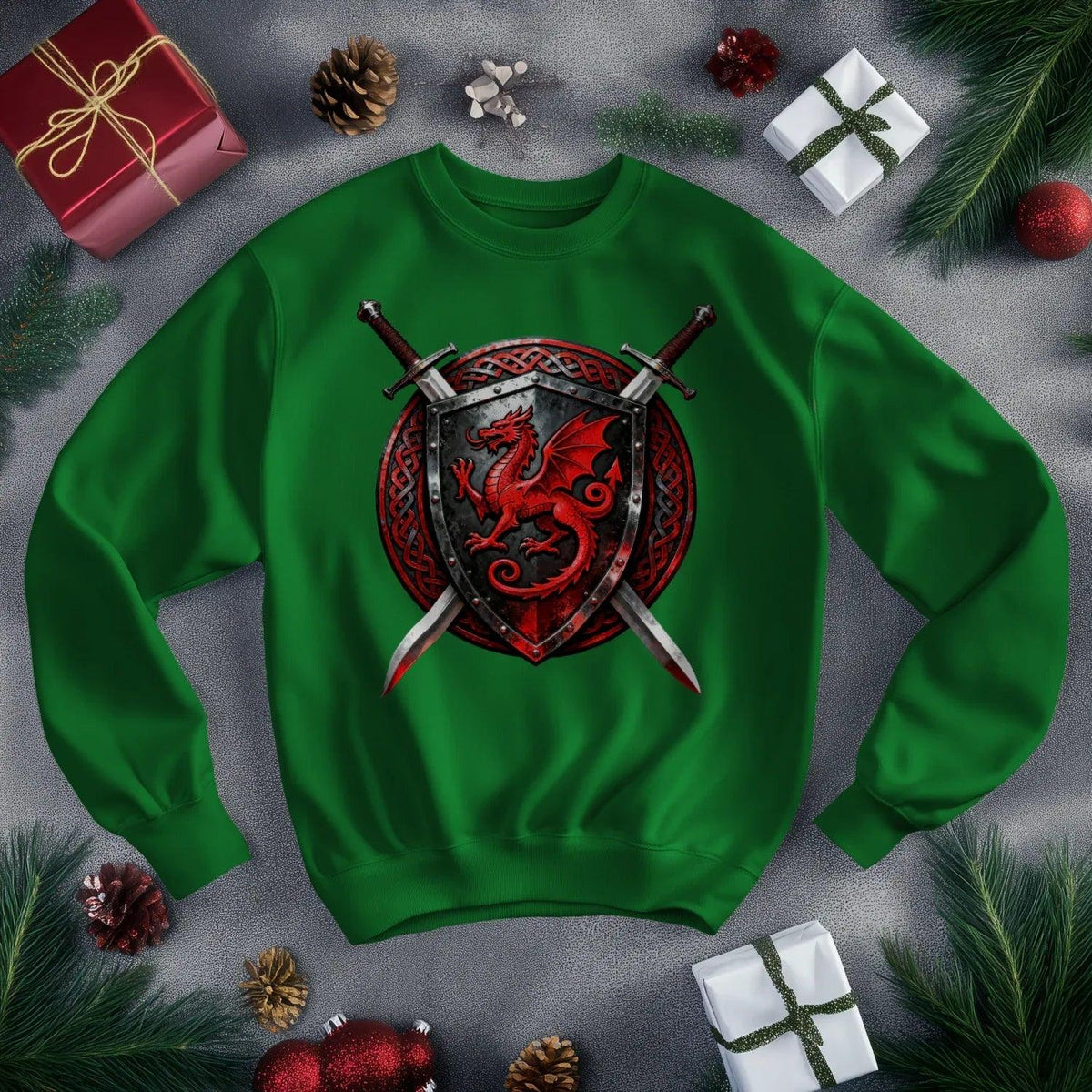 Welsh Dragon Sweatshirt - Warrior Shield Crew-neck Unisex - Celtic Wolfwear