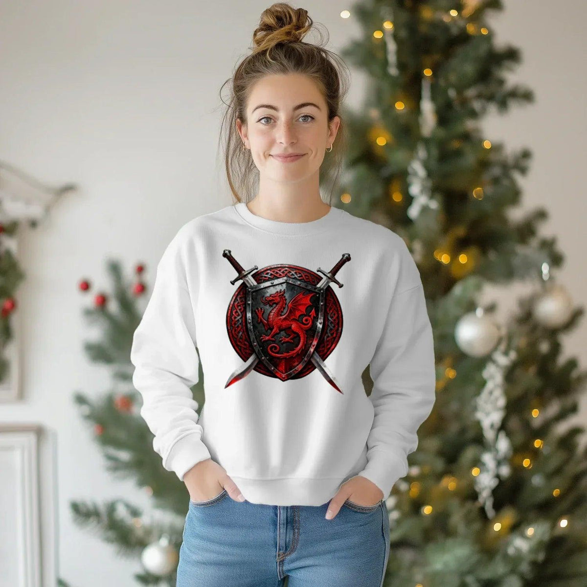 Welsh Dragon Sweatshirt - Warrior Shield Crew-neck Unisex - Celtic Wolfwear