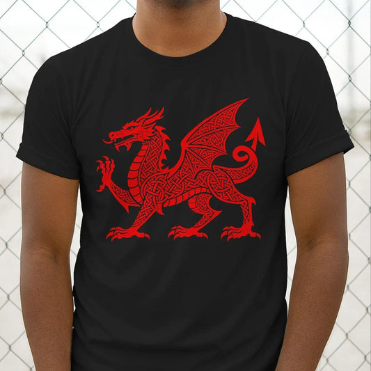 Welsh Dragon T-Shirt - Red Knotwork Crest Unisex Streetwear - Celtic Wolfwear