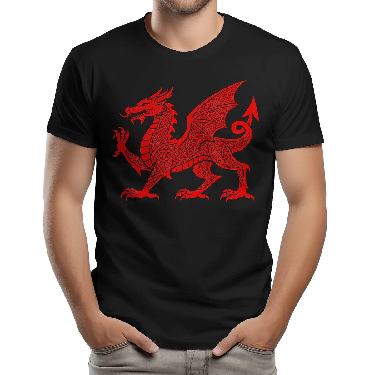 Welsh Dragon T-Shirt - Red Knotwork Crest Unisex Streetwear - Celtic Wolfwear