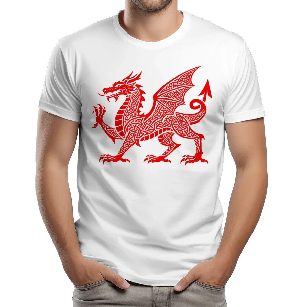 Welsh Dragon T-Shirt - Red Knotwork Crest Unisex Streetwear - Celtic Wolfwear