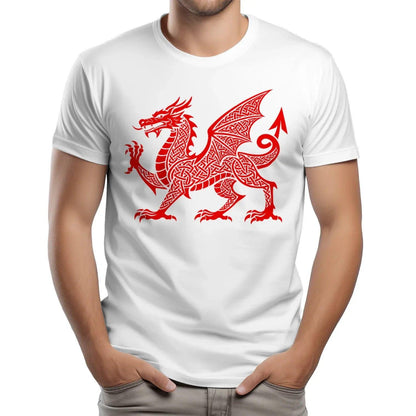Welsh Dragon T-Shirt - Red Knotwork Crest Unisex Streetwear - Celtic Wolfwear