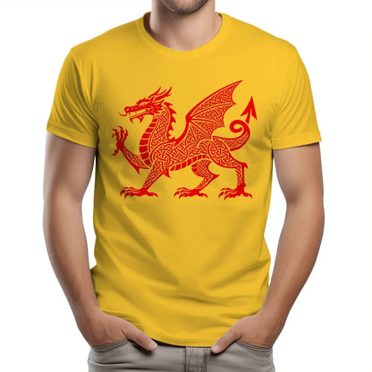 Welsh Dragon T-Shirt - Red Knotwork Crest Unisex Streetwear - Celtic Wolfwear