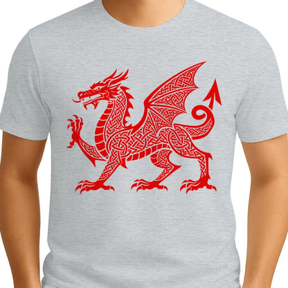 Welsh Dragon T-Shirt - Red Knotwork Crest Unisex Streetwear - Celtic Wolfwear