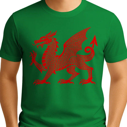 Welsh Dragon T-Shirt - Red Knotwork Crest Unisex Streetwear - Celtic Wolfwear