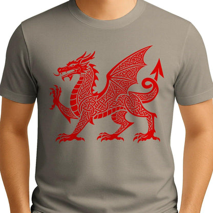 Welsh Dragon T-Shirt - Red Knotwork Crest Unisex Streetwear - Celtic Wolfwear
