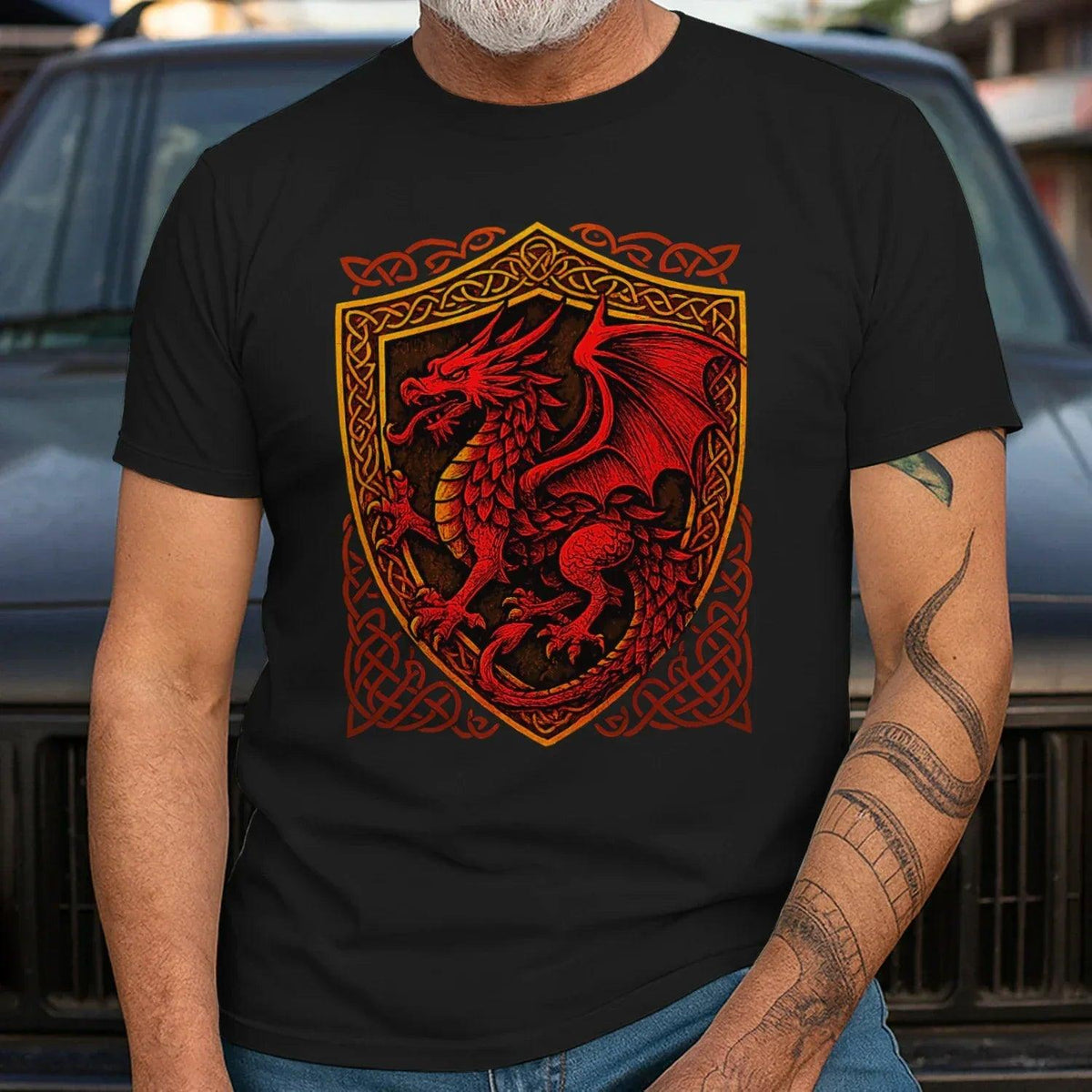 Welsh Dragon T-Shirt - Shield Crest Heritage Streetwear - Celtic Wolfwear