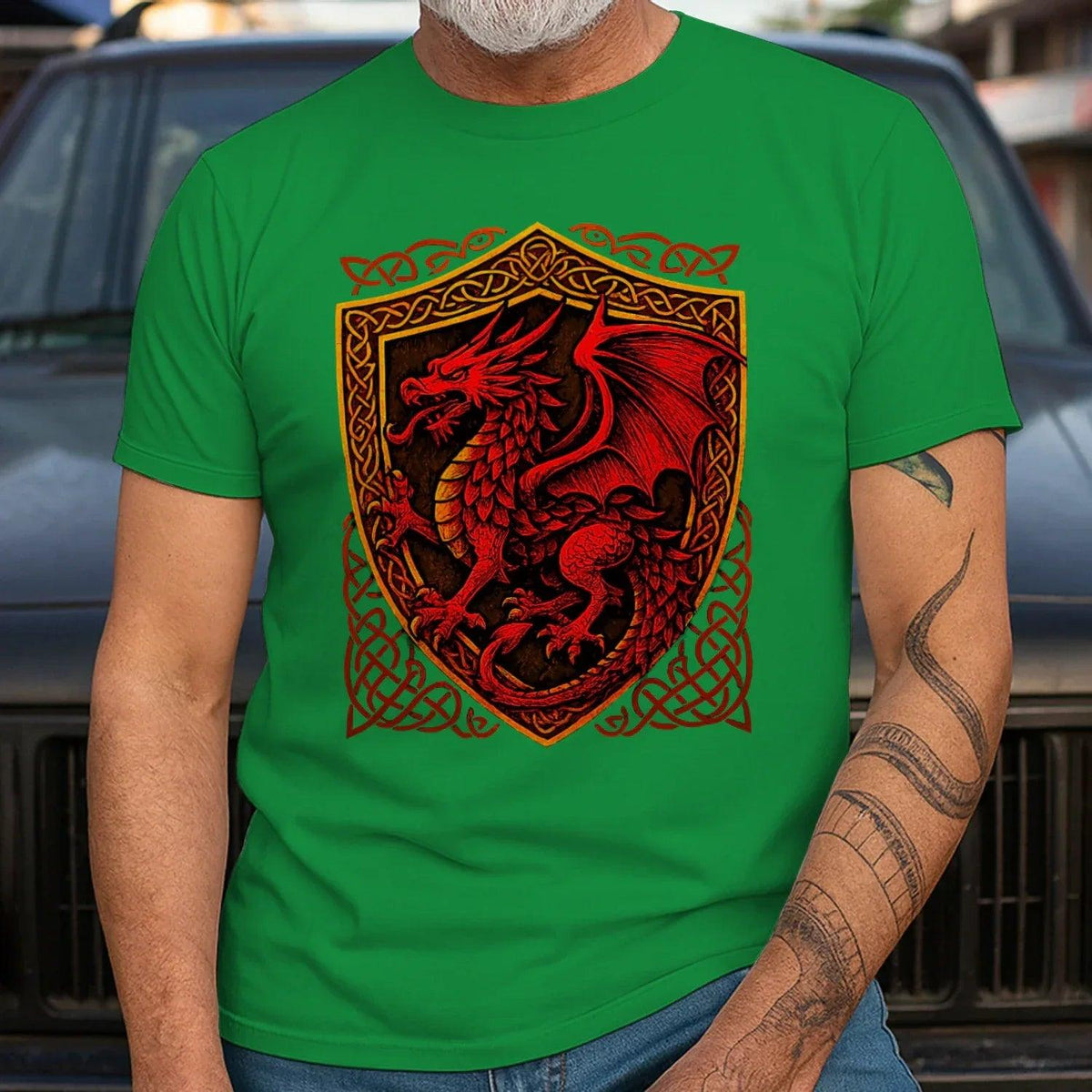 Welsh Dragon T-Shirt - Shield Crest Heritage Streetwear - Celtic Wolfwear