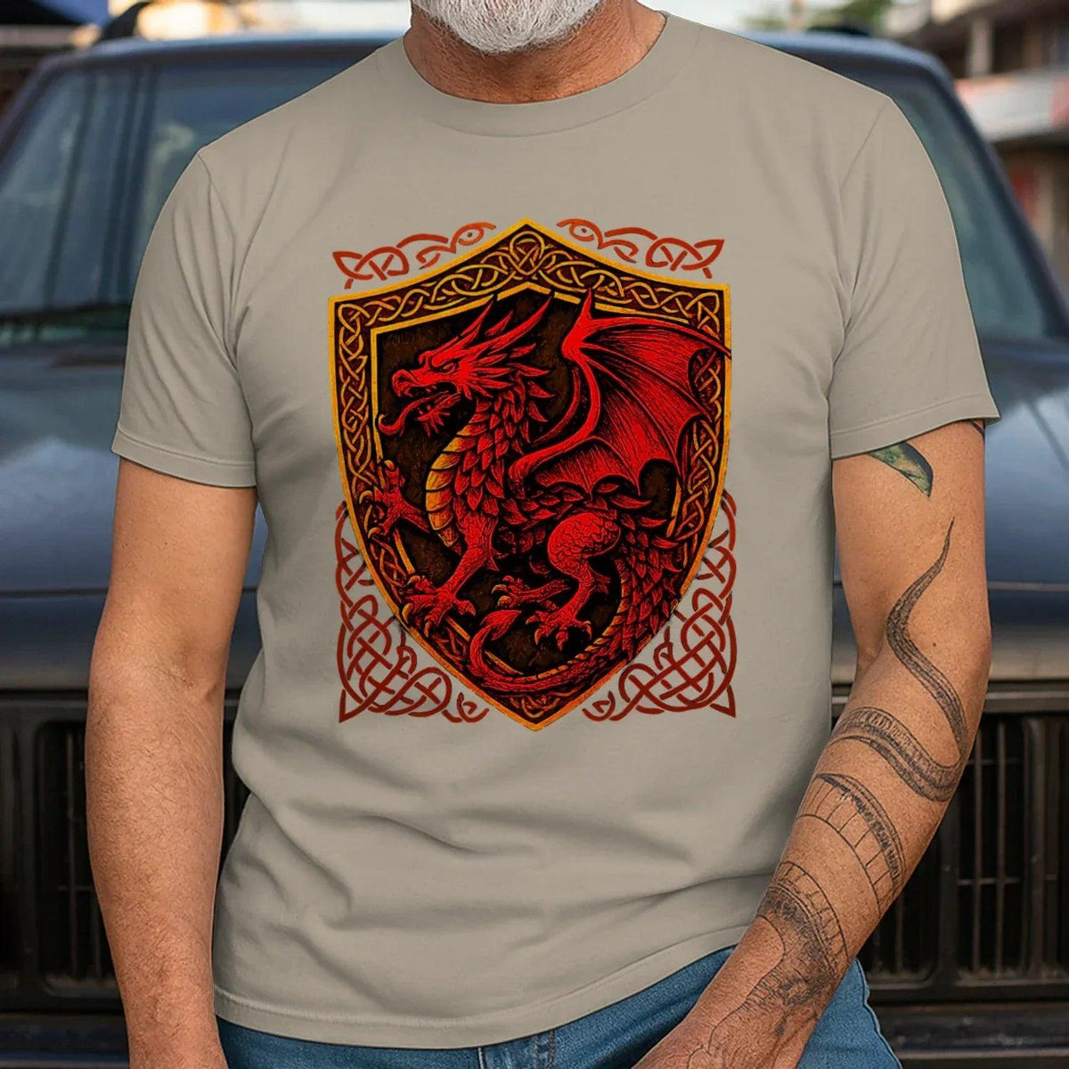 Welsh Dragon T-Shirt - Shield Crest Heritage Streetwear - Celtic Wolfwear