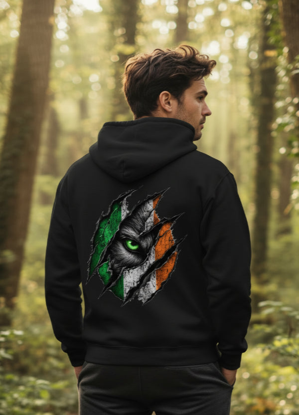 man wearing Wolf Claw Ireland flag hoodie -Celtic Wolfwear