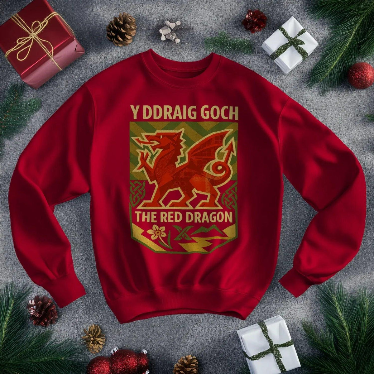 Y Ddraig Goch Red Dragon Sweatshirt – Welsh Shield - Celtic Wolfwear