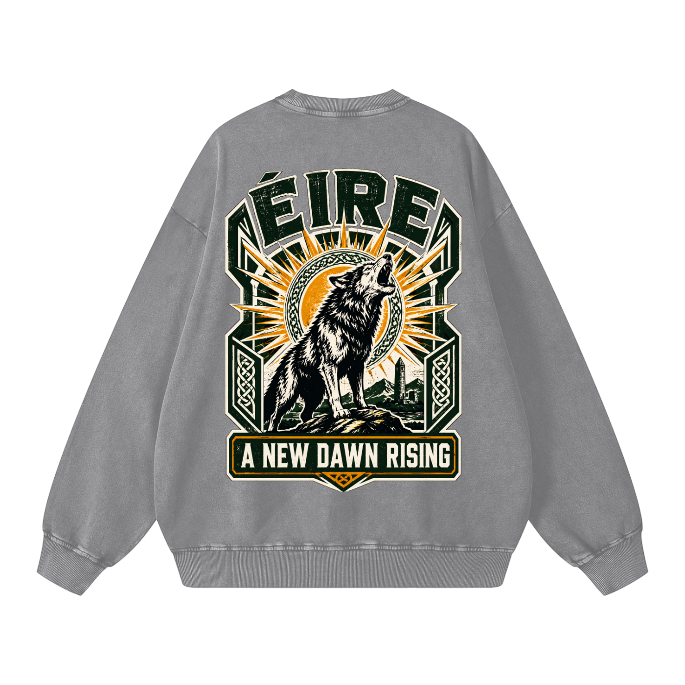 Oversized gray sweatshirt, large back graphic with wolf and banner