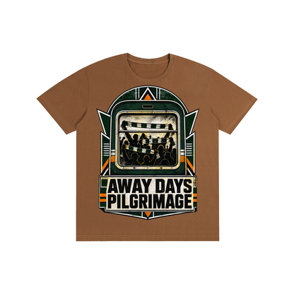 Brown unisex pure-cotton T-shirt with front “Away Days Pilgrimage” graphic