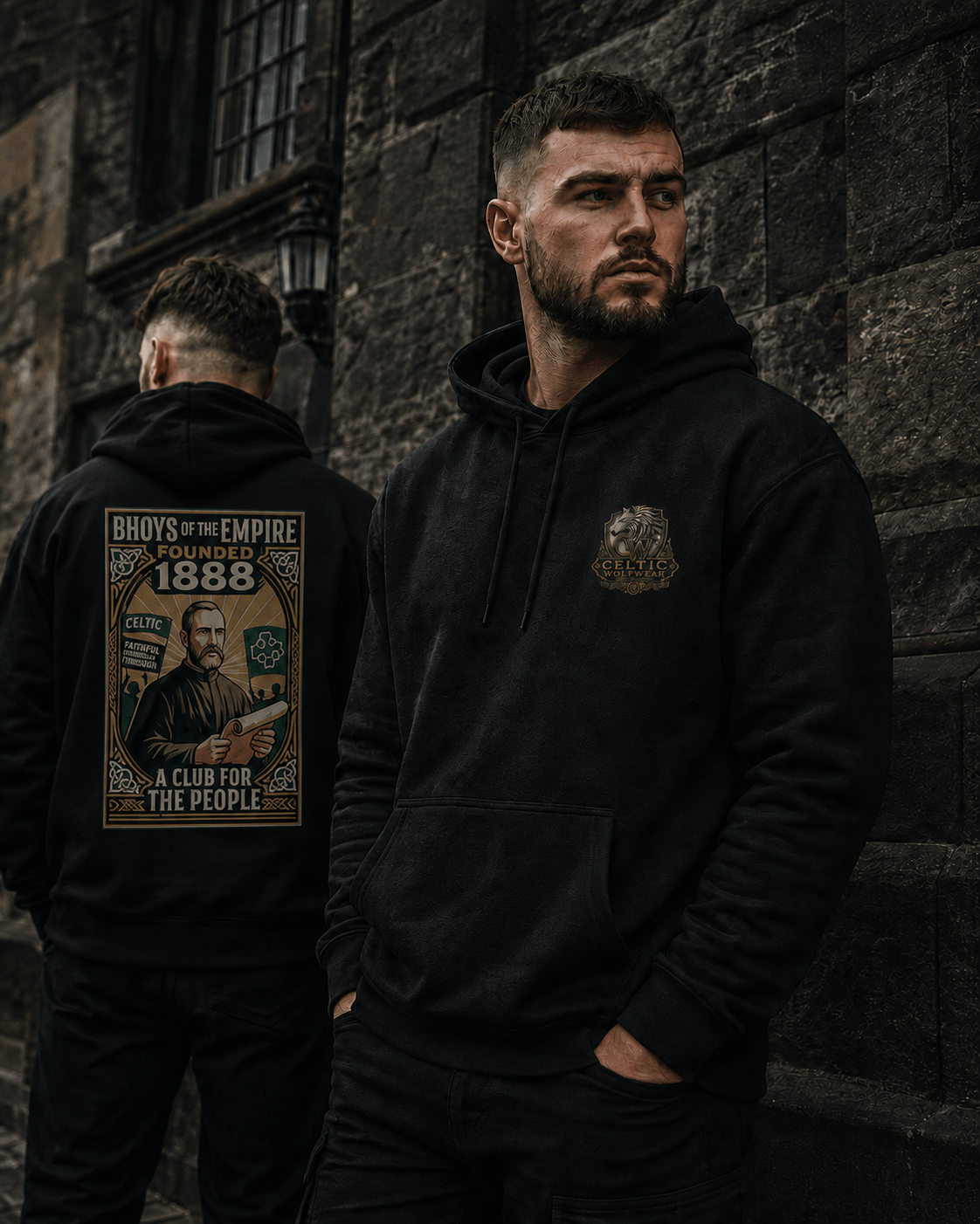 Two models wearing black Celtic Wolfwear hoodies with 1888 heritage back print and wolf chest logo